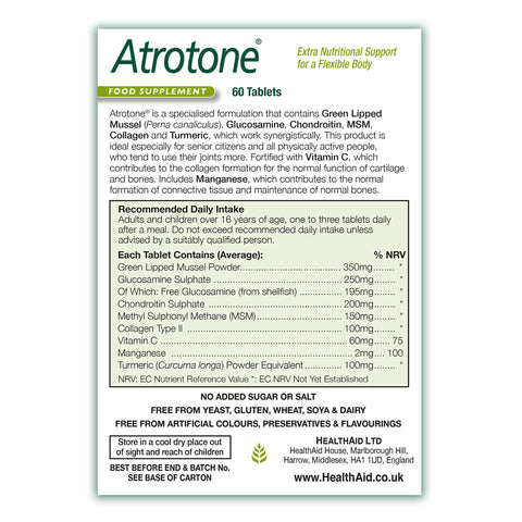 Atrotone® Tablets (Green Lipped Mussel, MSM, Collagen Type II ++) - HealthAid