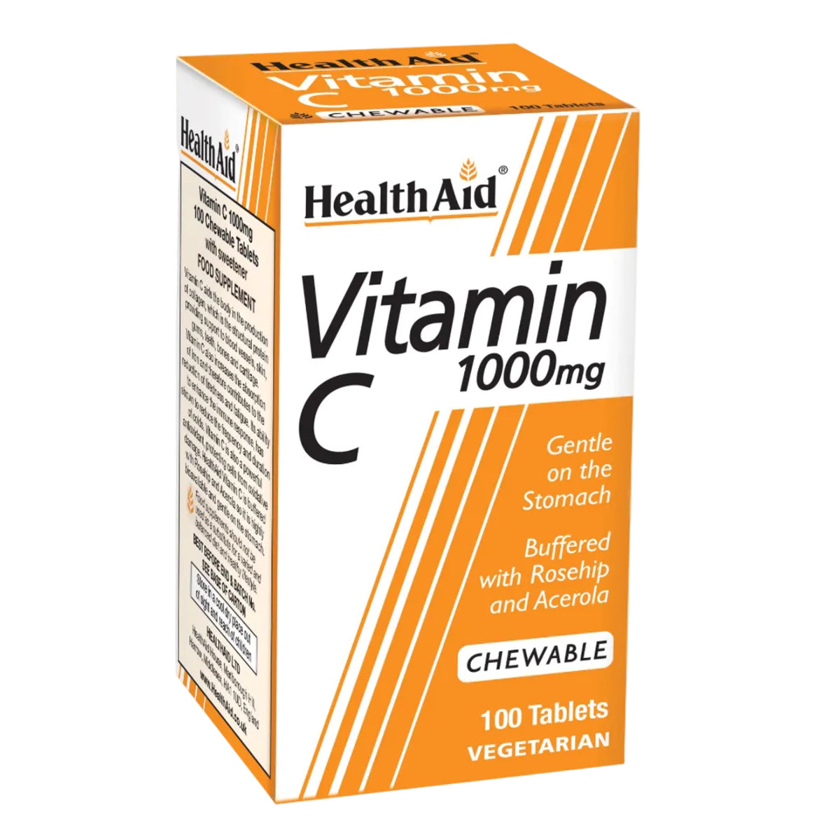 HealthAid Vitamin C 1000mg chewable tablets in a white and orange cardboard box, shown on a plain white background.