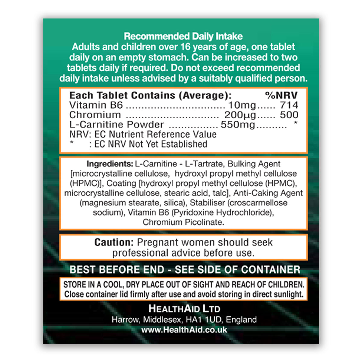 l carnitine daily intake L-Carnitine 550mg + Vitamin B6+ Chromium Tablets– HealthAid®
