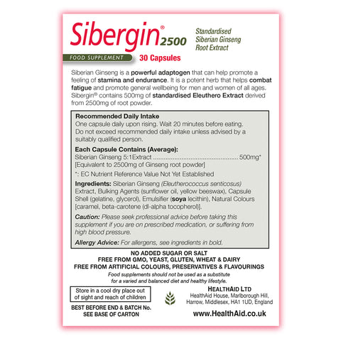 Sibergin 2500 (Siberian Ginseng 2500mg) Capsules - HealthAid