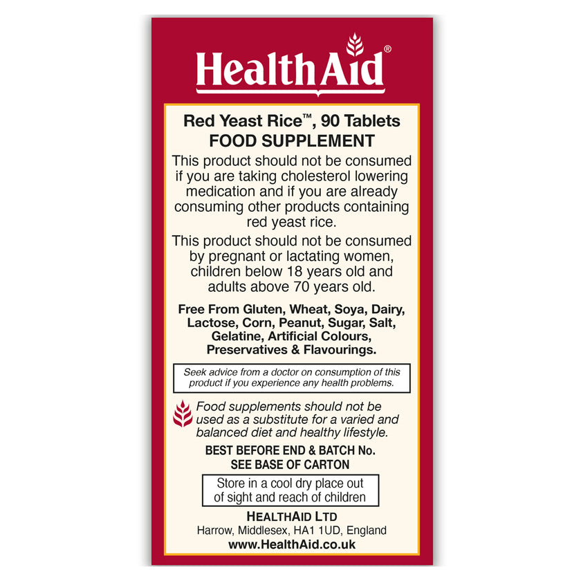 Red Yeast Rice Tablets, Cholesterol, Natural Satin HealthAid HealthAid®