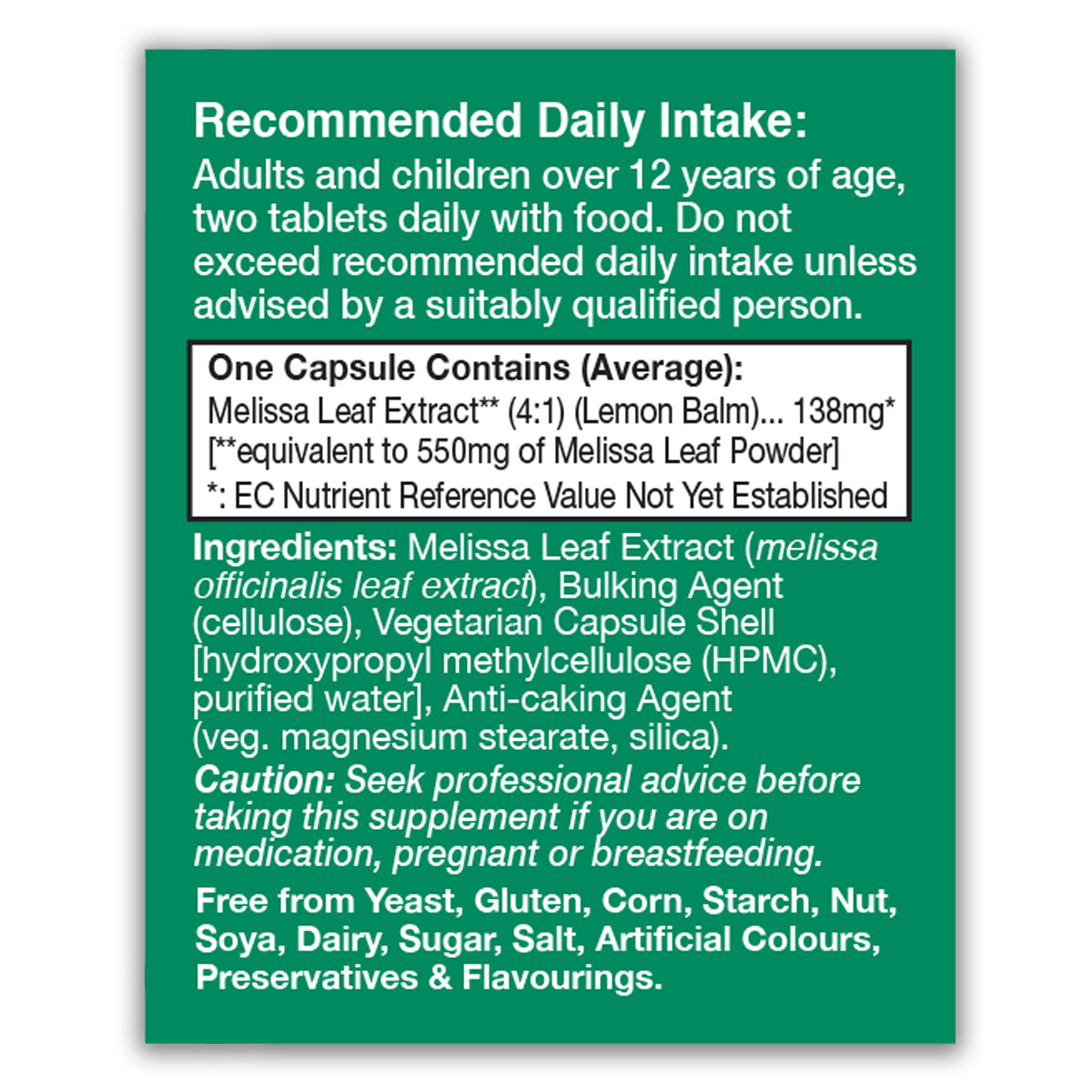 Melissa Leaf (Lemon Balm) 550mg Equivalent Vegicaps